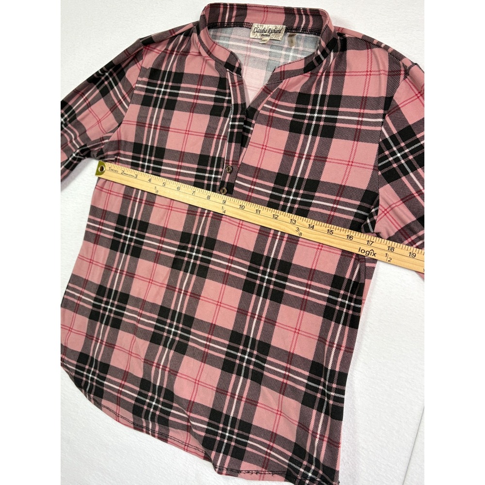 Claudia Richard Petites Pink Black Plaid Henley 3/4 Roll Tab Sleeve Blouse PM - Picture 6 of 6